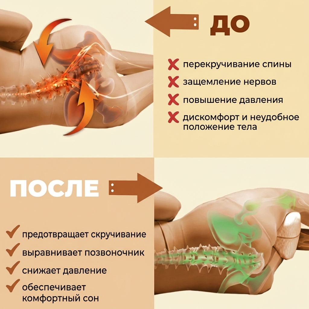 Иллюстрация положения тела до и после использования подушки